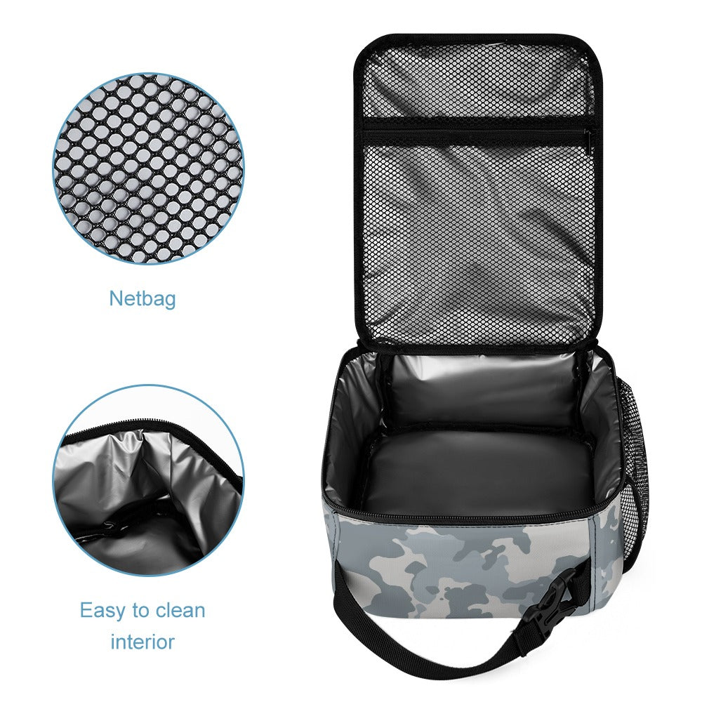 Inkedjoy Grey Camo Backpack Three-Piece Set insulated open lunch bag with mesh lid netbag and easy to clean interior