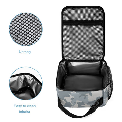 Inkedjoy Grey Camo Backpack Three-Piece Set insulated open lunch bag with mesh lid netbag and easy to clean interior