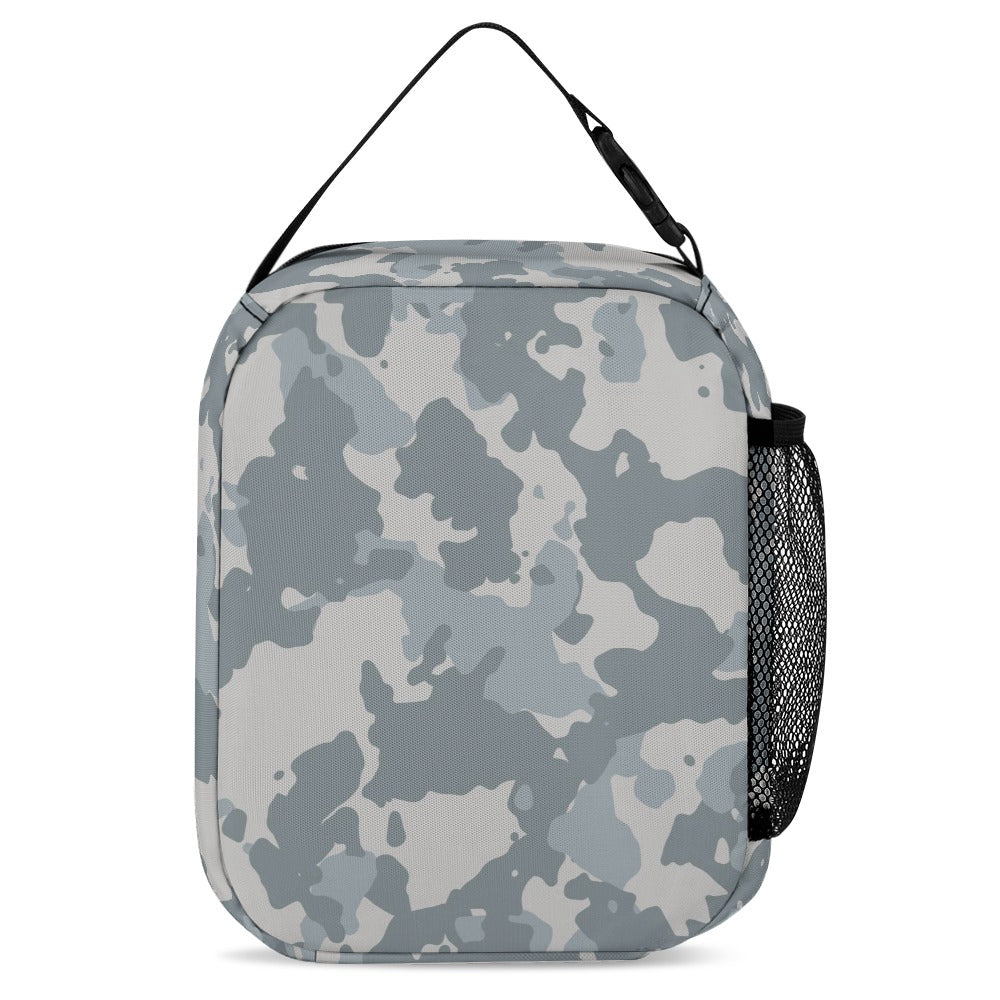 Inkedjoy Grey Camo Backpack Three-Piece Set small insulated lunch bag with top handle and side mesh bottle pocket