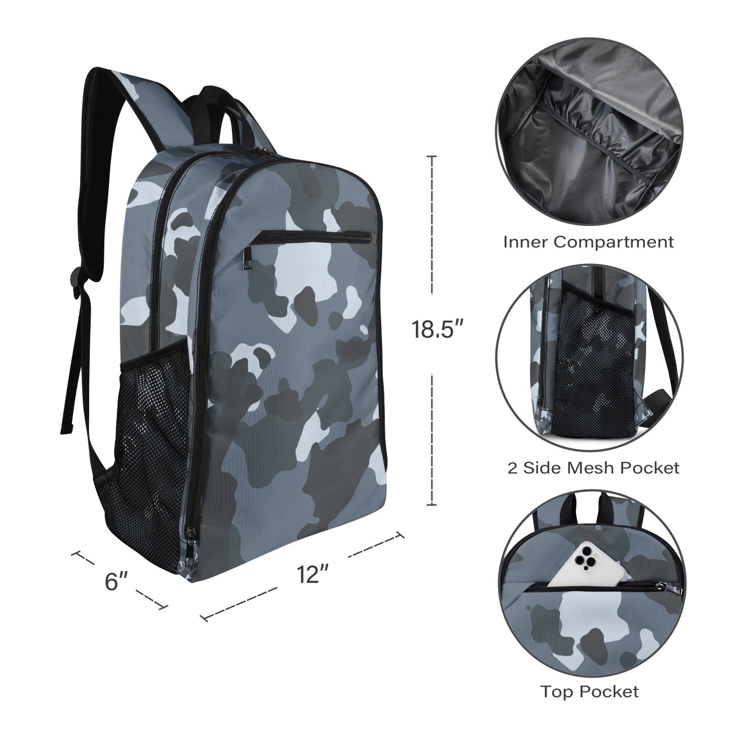 Inkedjoy stylish camouflage backpack 18.5 inch school bag with inner compartment mesh side pockets and top pocket