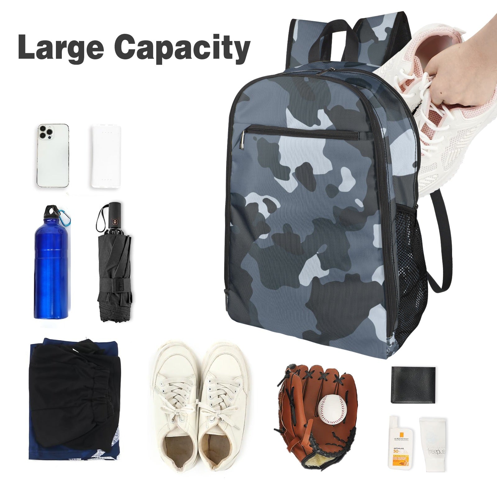 Inkedjoy stylish camouflage backpack large capacity gray camo school travel bag with shoe compartment and mesh side pocket