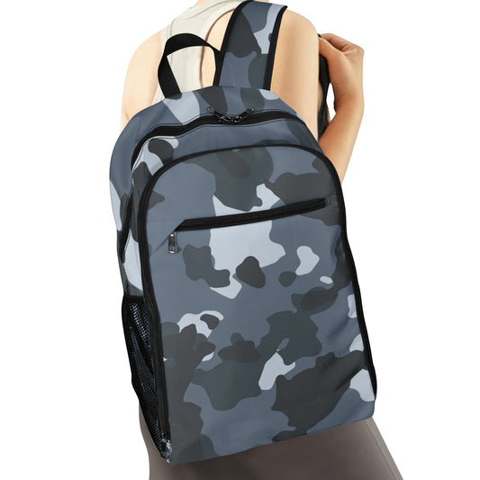 Inkedjoy stylish camouflage backpack in gray blue camo with front zip pocket mesh side pocket and padded straps
