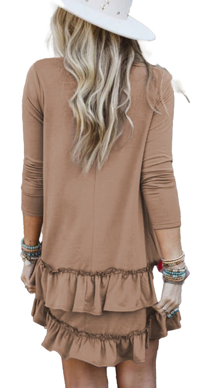 Back view of woman wearing Dear Lover Dropshipping goat scoop neck mini dress in tan with long sleeves and layered ruffles