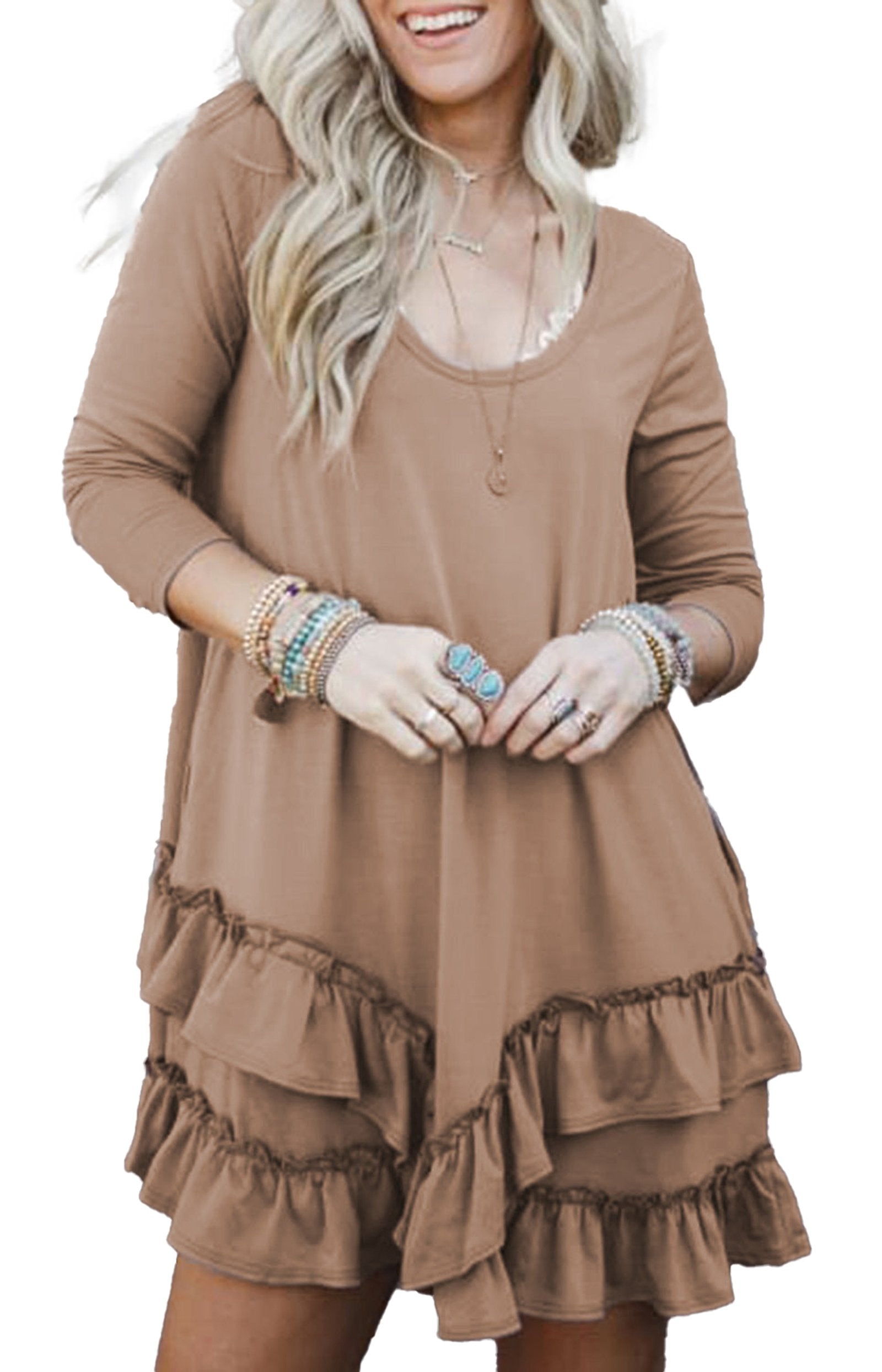 Dear Lover Dropshipping goat scoop neck mini dress in camel brown with ruffled tiered hem and long sleeves