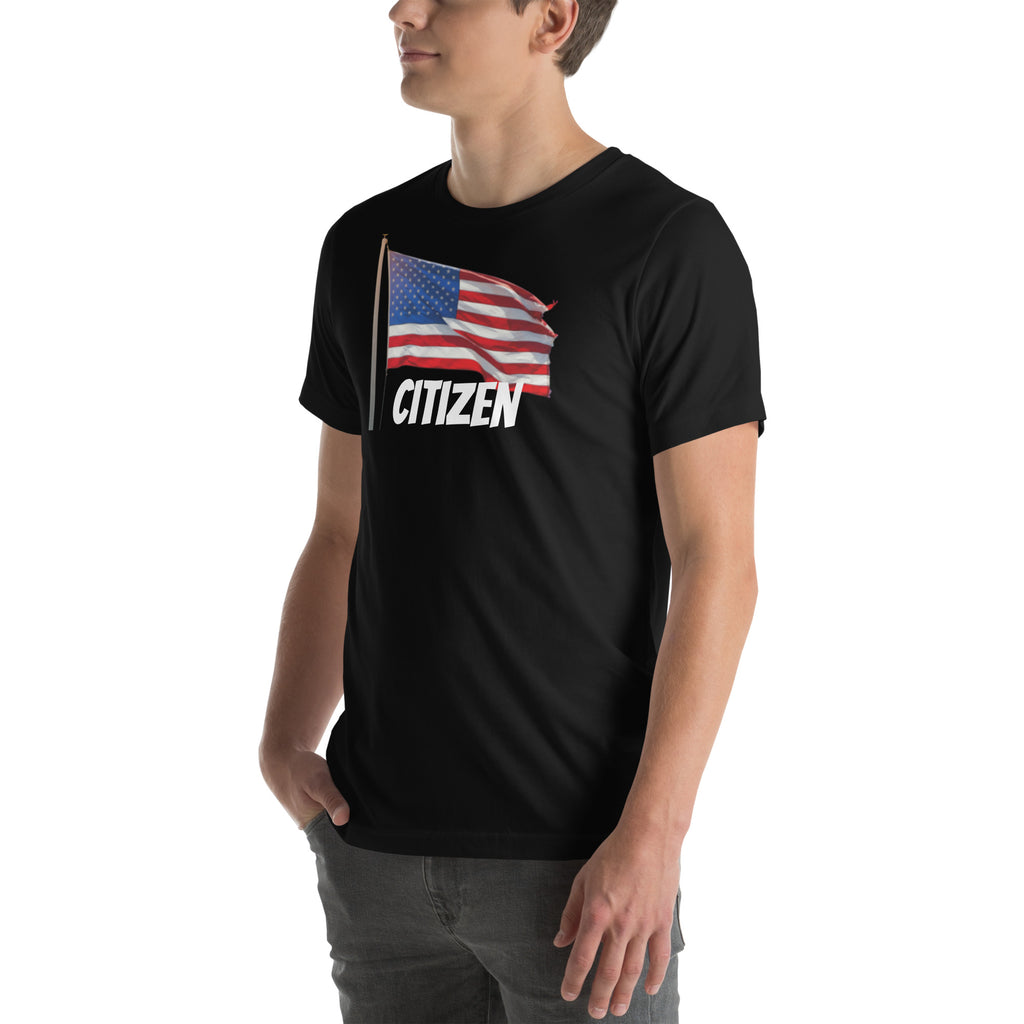 LuckeLadybug USA flag t shirt unisex in black featuring a waving American flag and citizen text