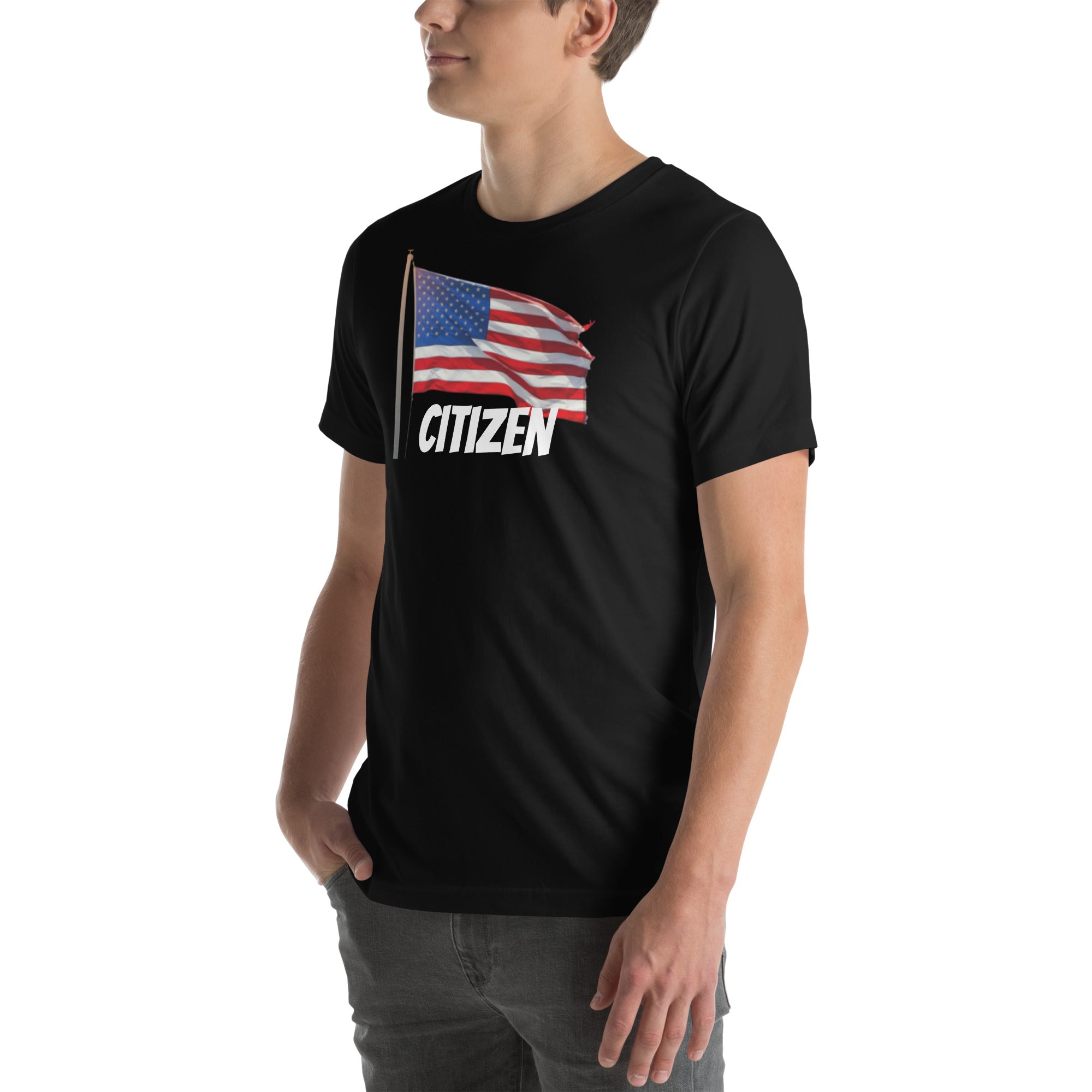 LuckeLadybug USA flag t shirt unisex in black featuring a waving American flag and citizen text