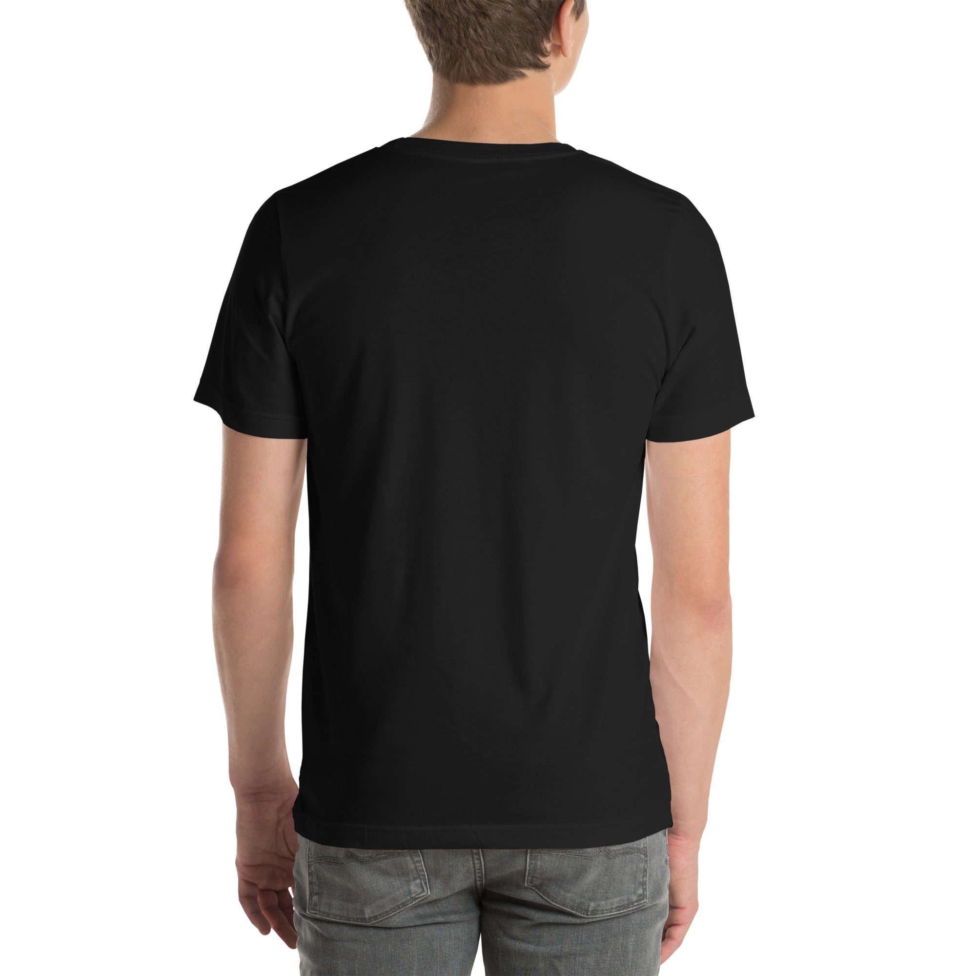 Back view of black USA flag t shirt unisex worn by male model with short sleeves and casual fit