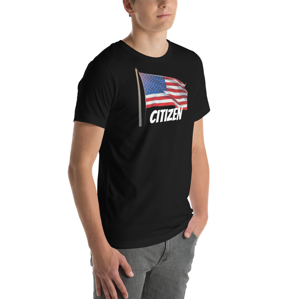 LuckeLadybug USA flag t shirt unisex in black with American flag and Citizen text design