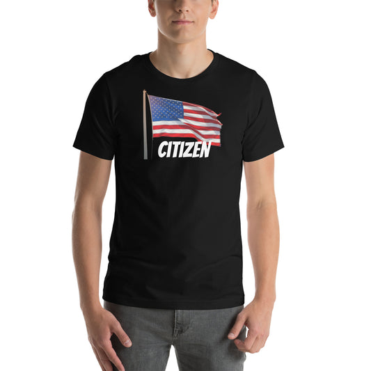 USA flag t shirt unisex black with patriotic flag and citizen text by LuckeLadybug