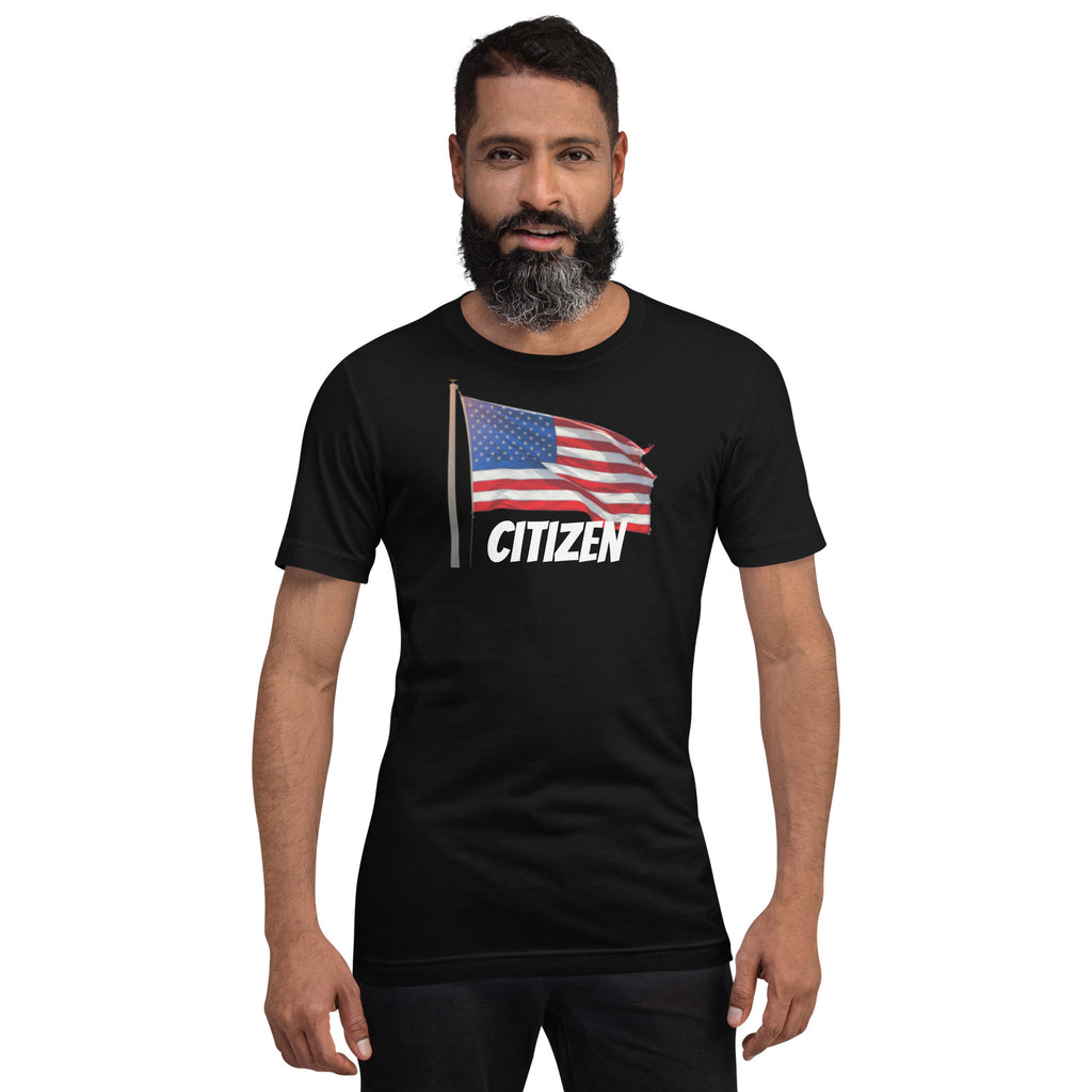 LuckeLadybug black USA flag t shirt unisex featuring American flag and citizen text on front