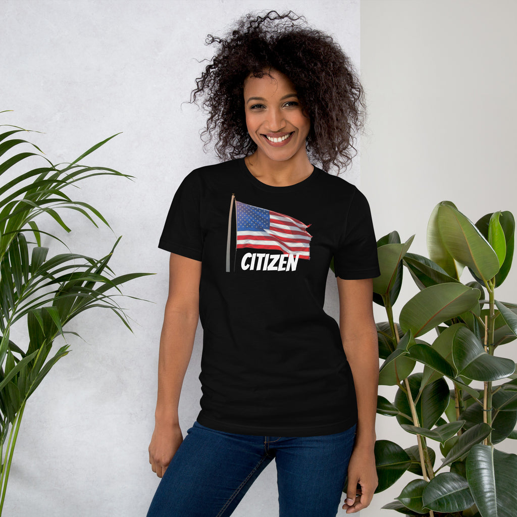 Woman wearing LuckeLadybug USA flag t shirt unisex black with American flag and citizen text