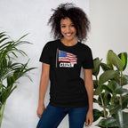 Woman wearing LuckeLadybug USA flag t shirt unisex black with American flag and citizen text