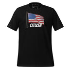 LuckeLadybug USA flag t shirt unisex in black with printed waving American flag and word Citizen