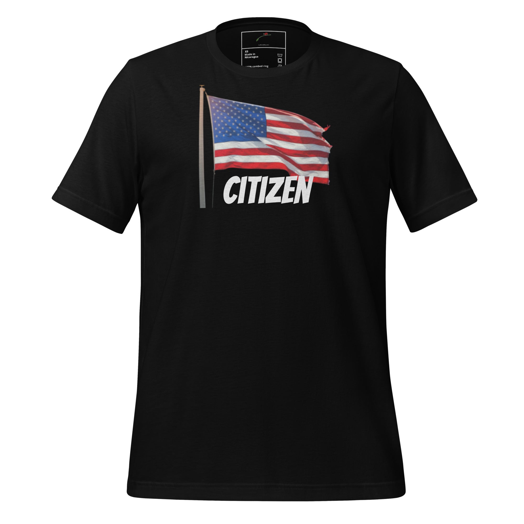 LuckeLadybug USA flag t shirt unisex in black with printed waving American flag and word Citizen