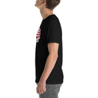 LuckeLadybug black USA flag t shirt unisex worn by male model in side view