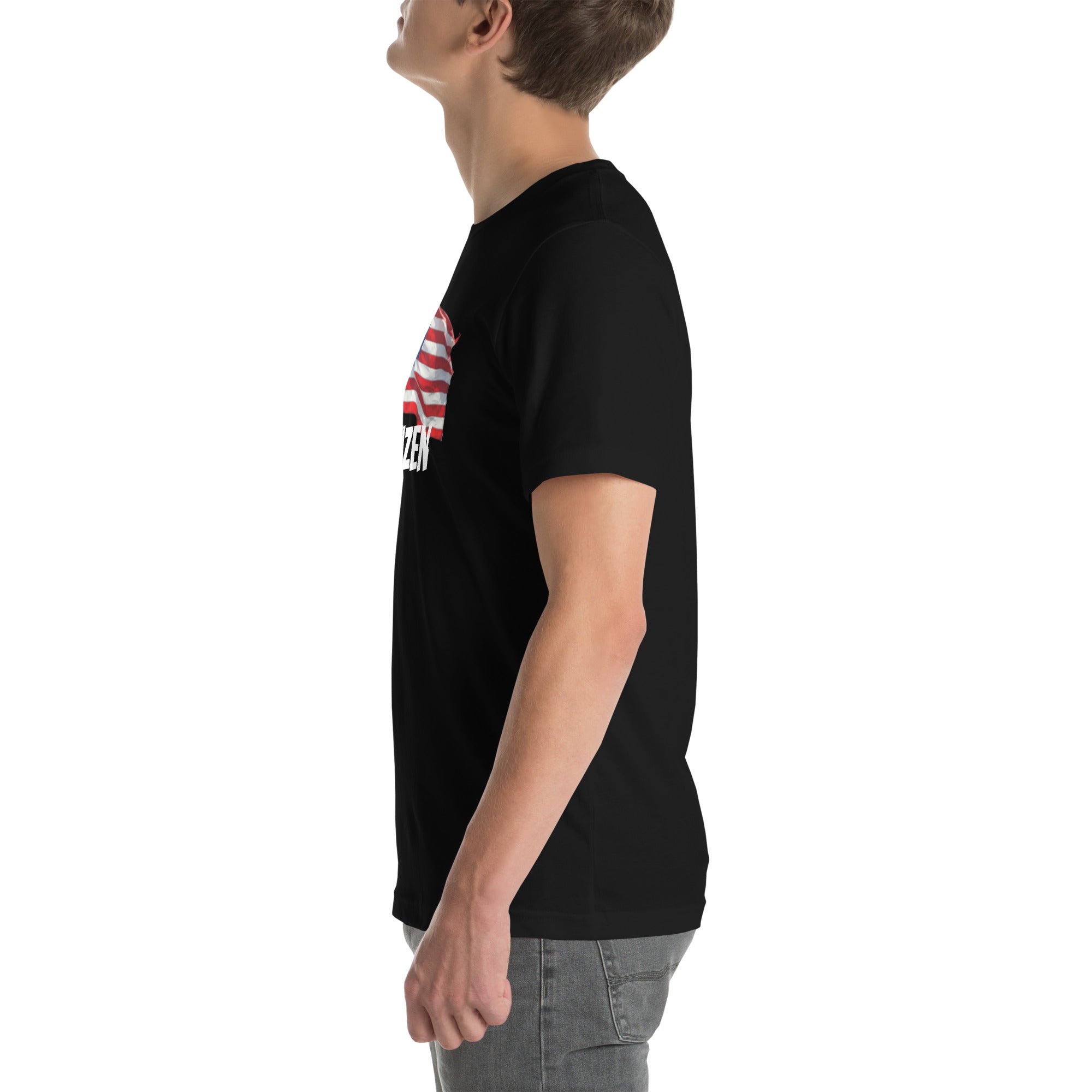 LuckeLadybug black USA flag t shirt unisex worn by male model in side view