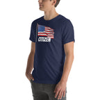 LuckeLadybug USA flag t shirt unisex navy blue with patriotic American flag and Citizen text