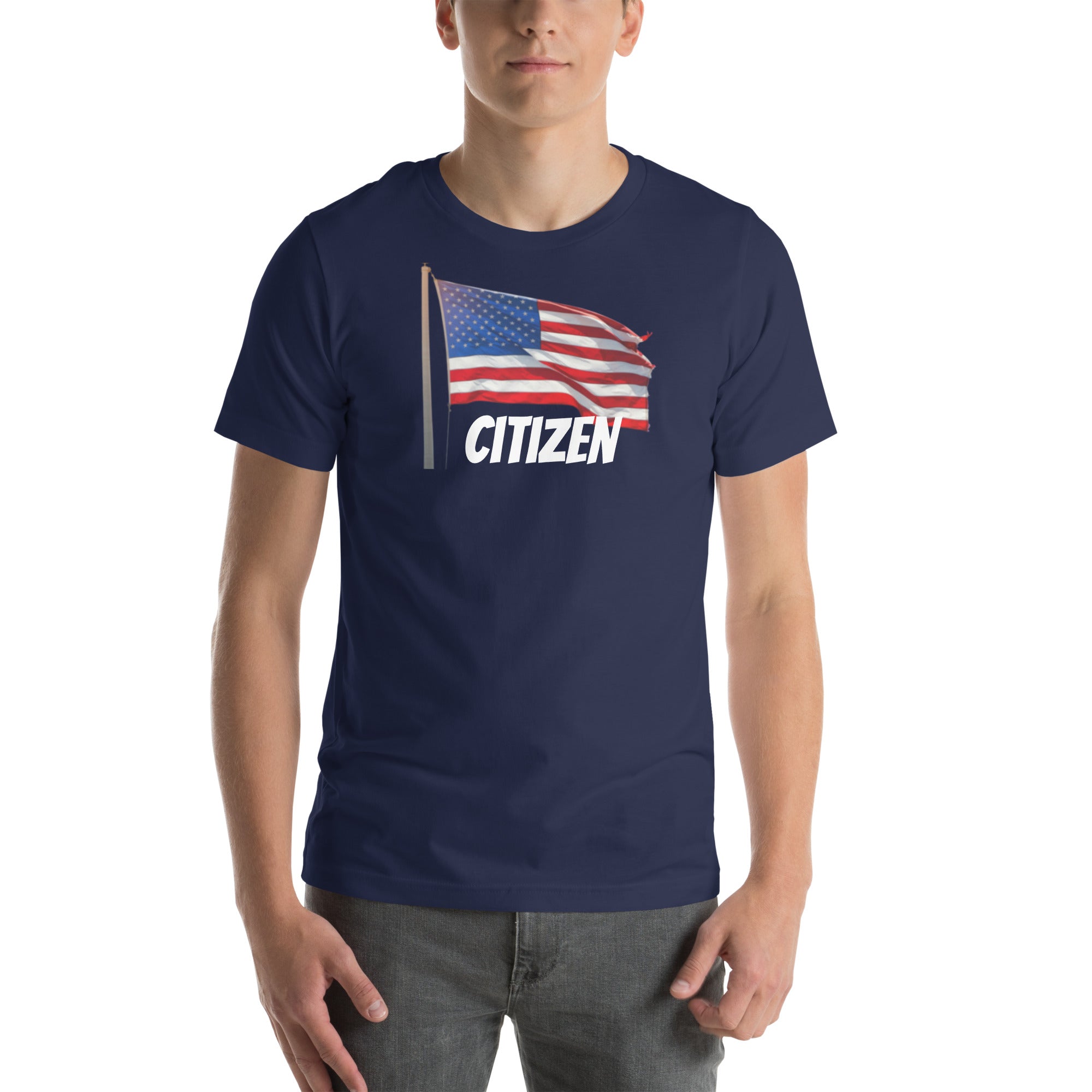 LuckeLadybug navy USA flag t shirt unisex with waving American flag and Citizen text