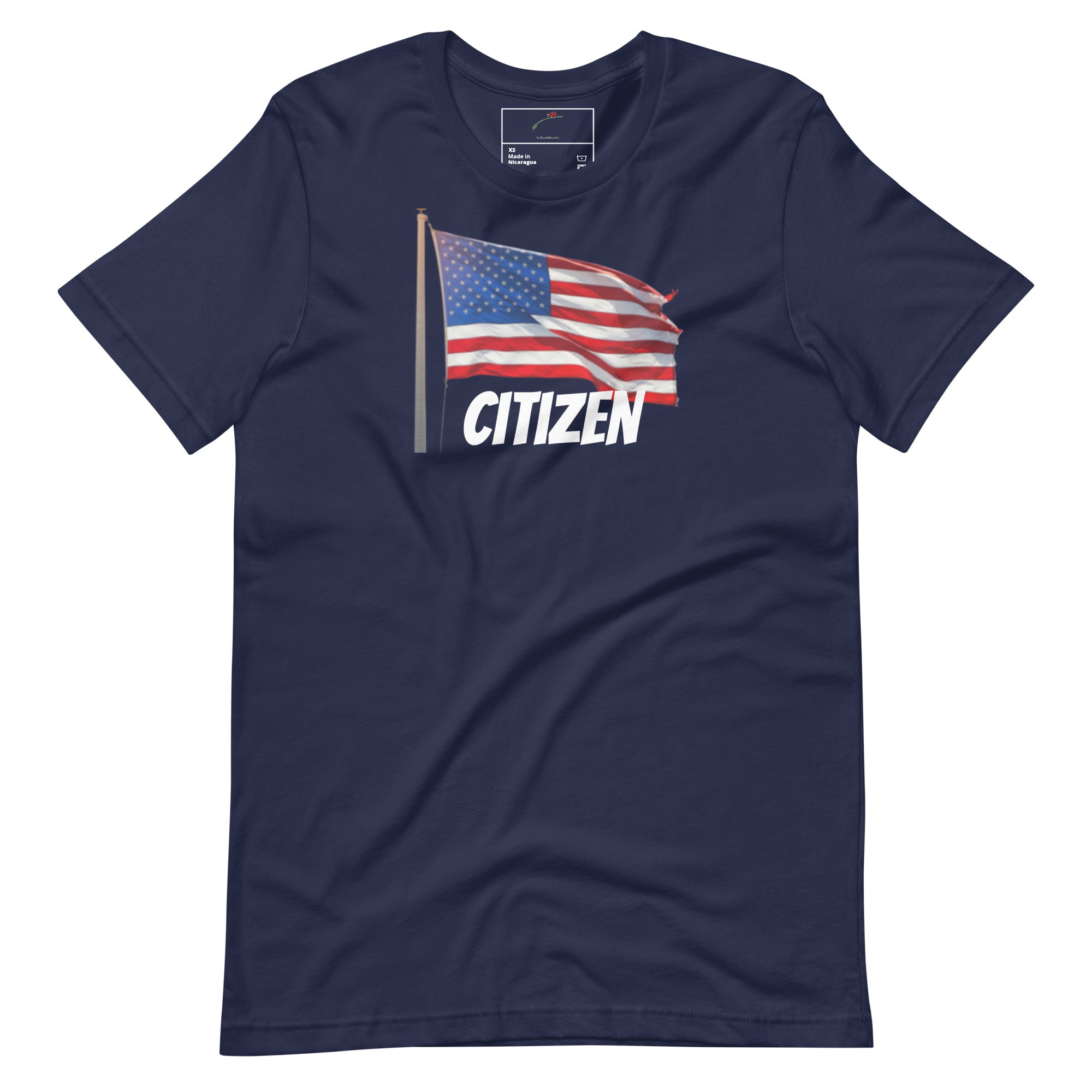 LuckeLadybug USA flag t shirt unisex navy blue with waving American flag and citizen text