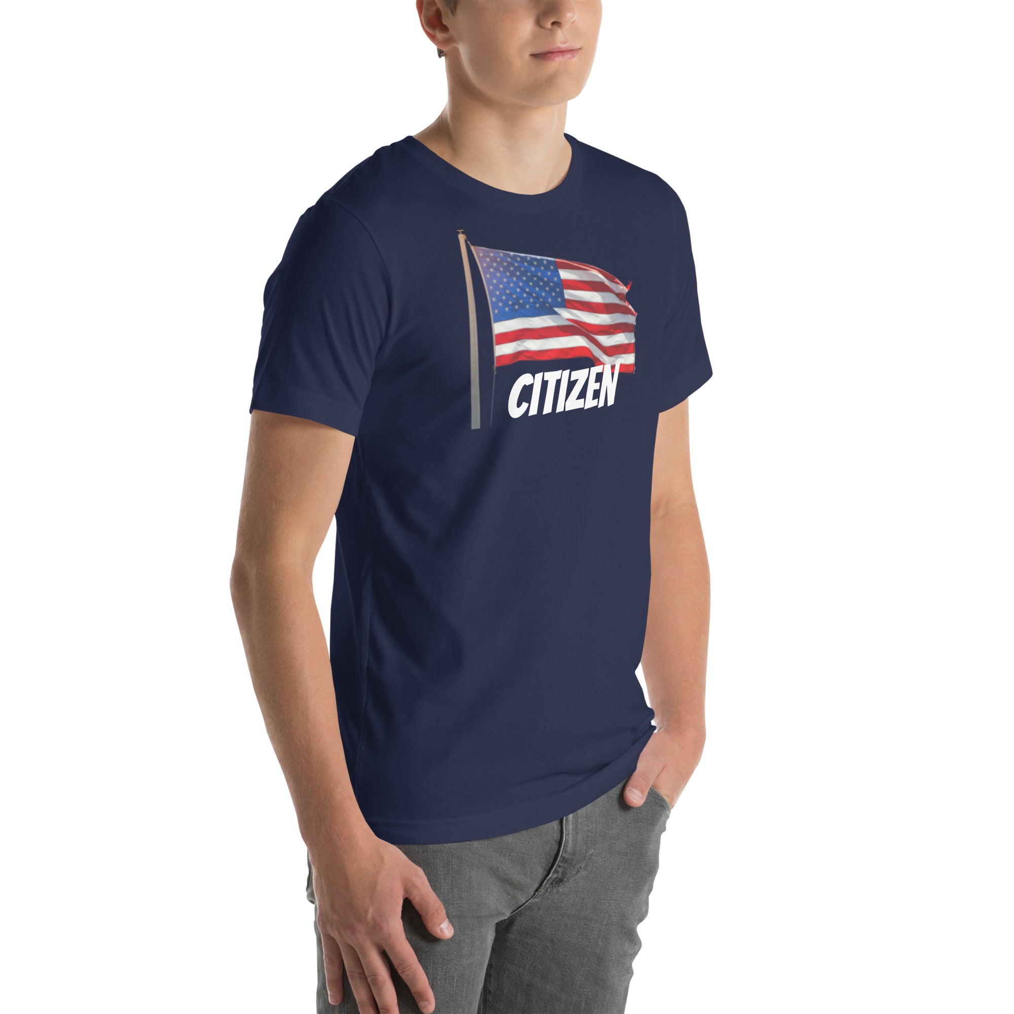 LuckeLadybug USA flag t shirt unisex in navy blue with waving flag and citizen text