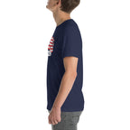 Side view of man wearing LuckeLadybug navy USA flag t shirt unisex with patriotic design