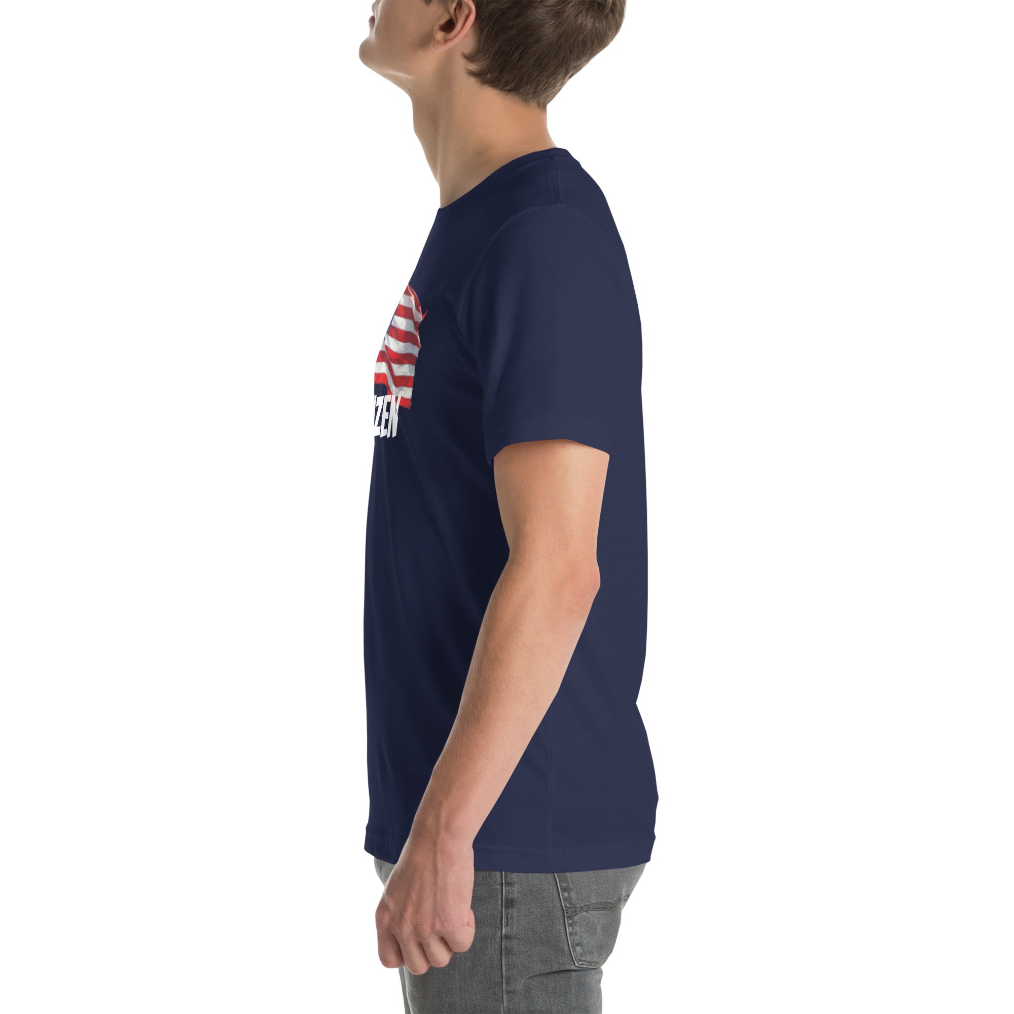 Side view of man wearing LuckeLadybug navy USA flag t shirt unisex with patriotic design