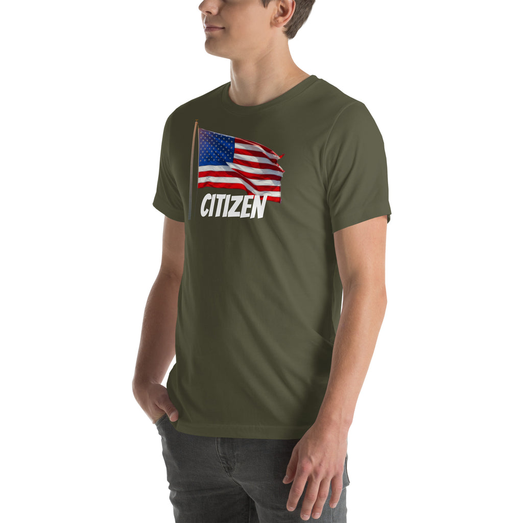 USA flag t shirt unisex in olive green with American flag and CITIZEN text on front