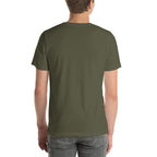 Back view of a man wearing an olive green USA flag t shirt unisex with short sleeves and casual fit