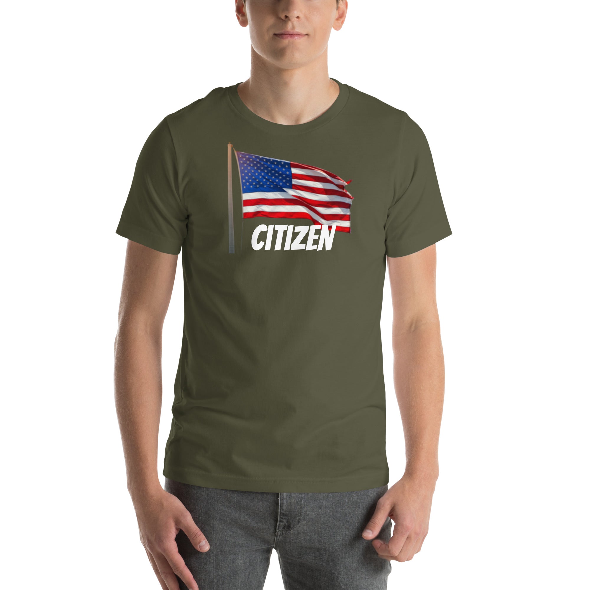 LuckeLadybug USA flag t shirt unisex with waving flag and citizen text in olive green