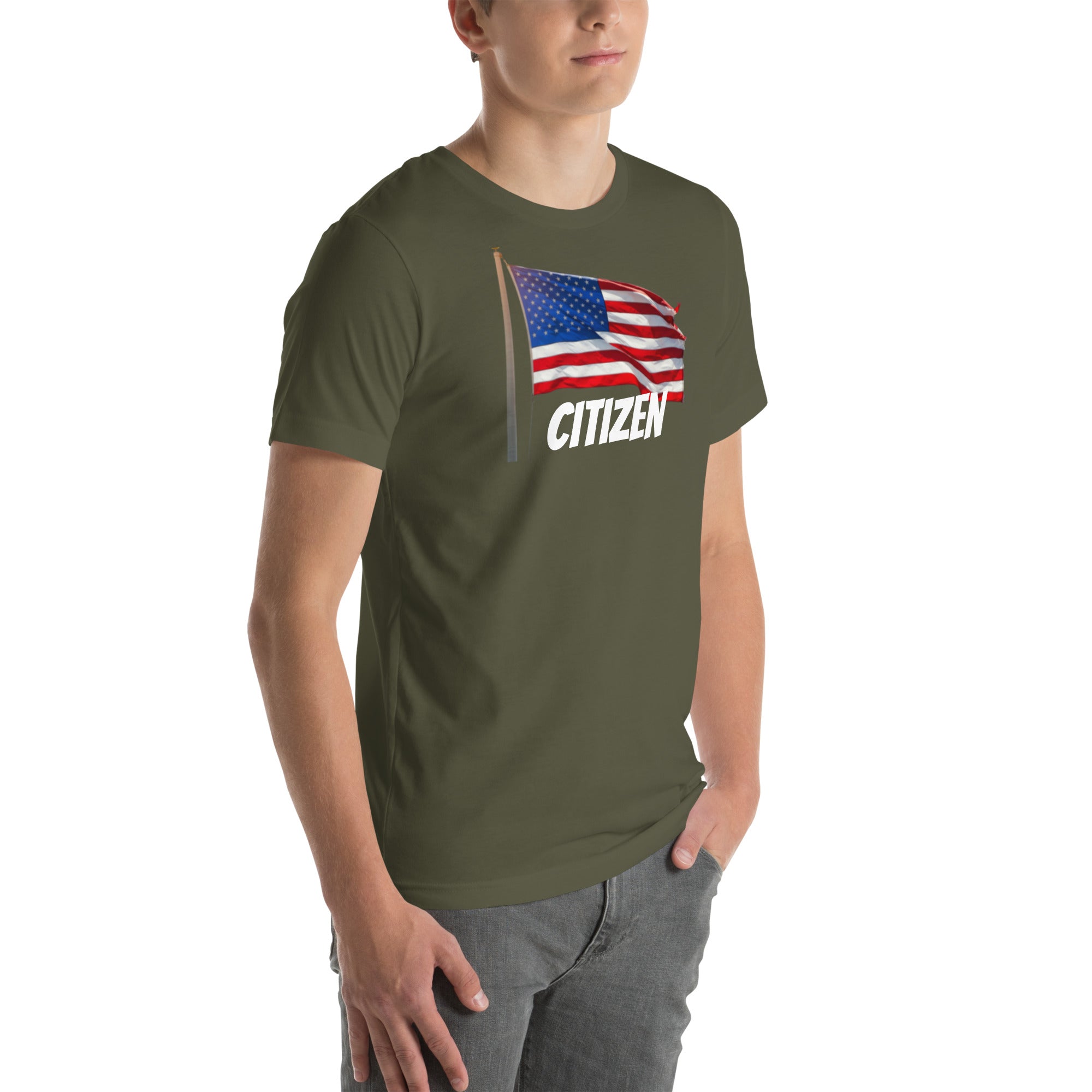 LuckeLadybug USA flag t shirt unisex in olive green with American flag and citizen text