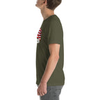 Side view of model wearing olive green USA flag t shirt unisex by LuckeLadybug