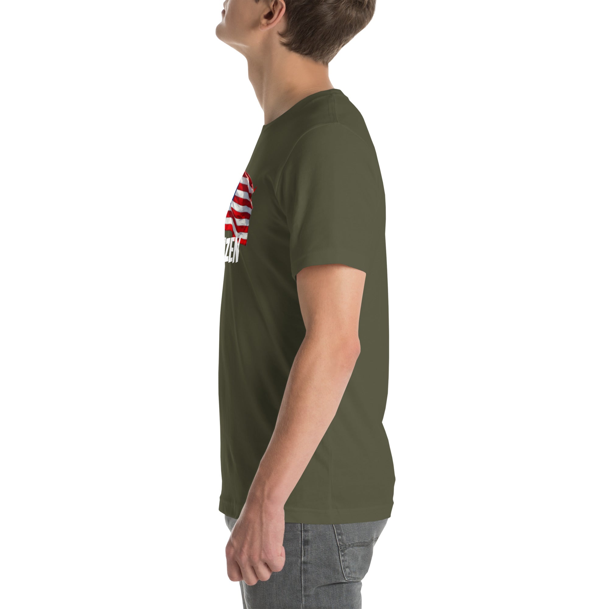 Side view of model wearing olive green USA flag t shirt unisex by LuckeLadybug