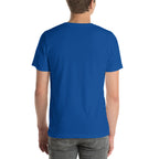 Back view of blue USA flag t shirt unisex worn by a person with short brown hair and gray jeans