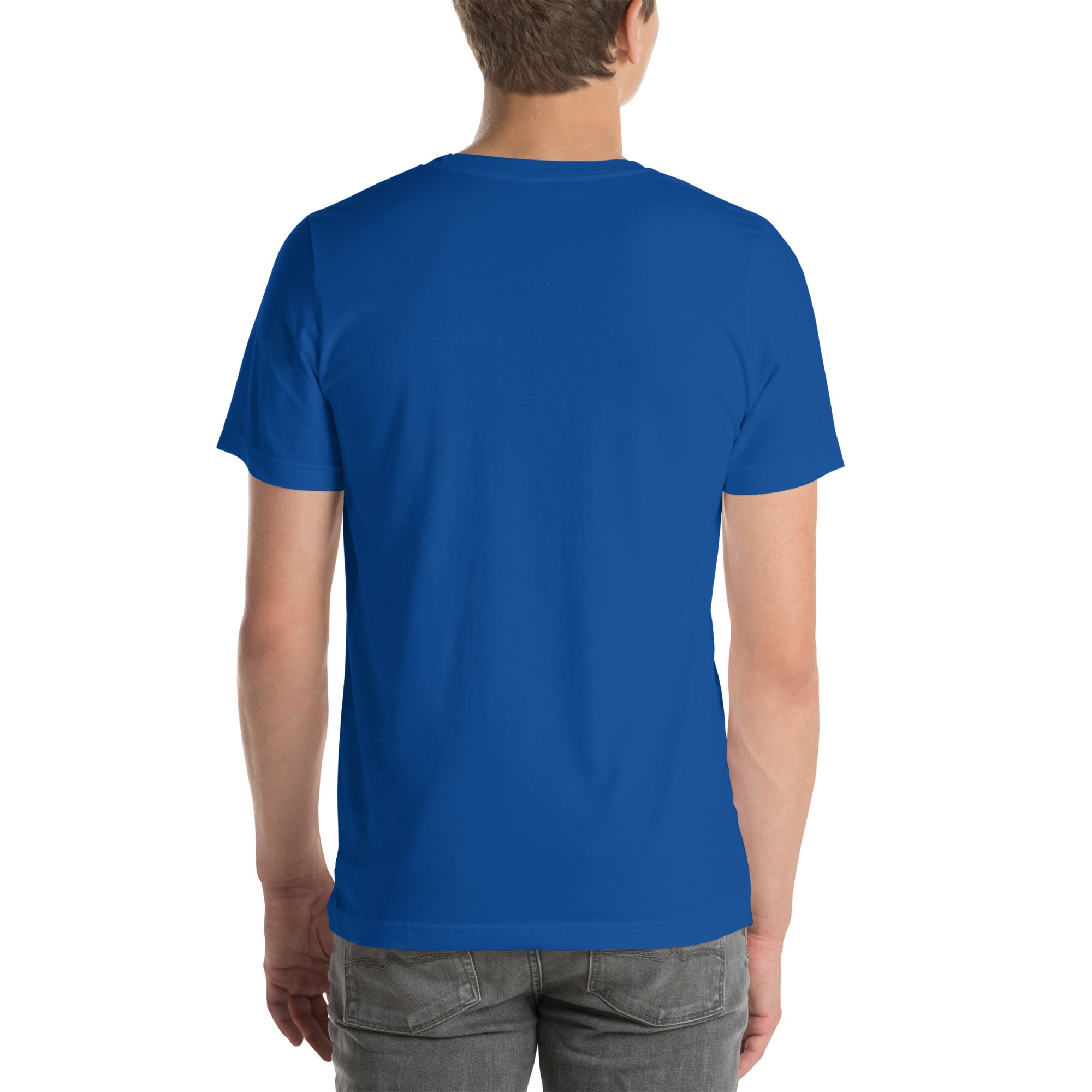 Back view of blue USA flag t shirt unisex worn by a person with short brown hair and gray jeans