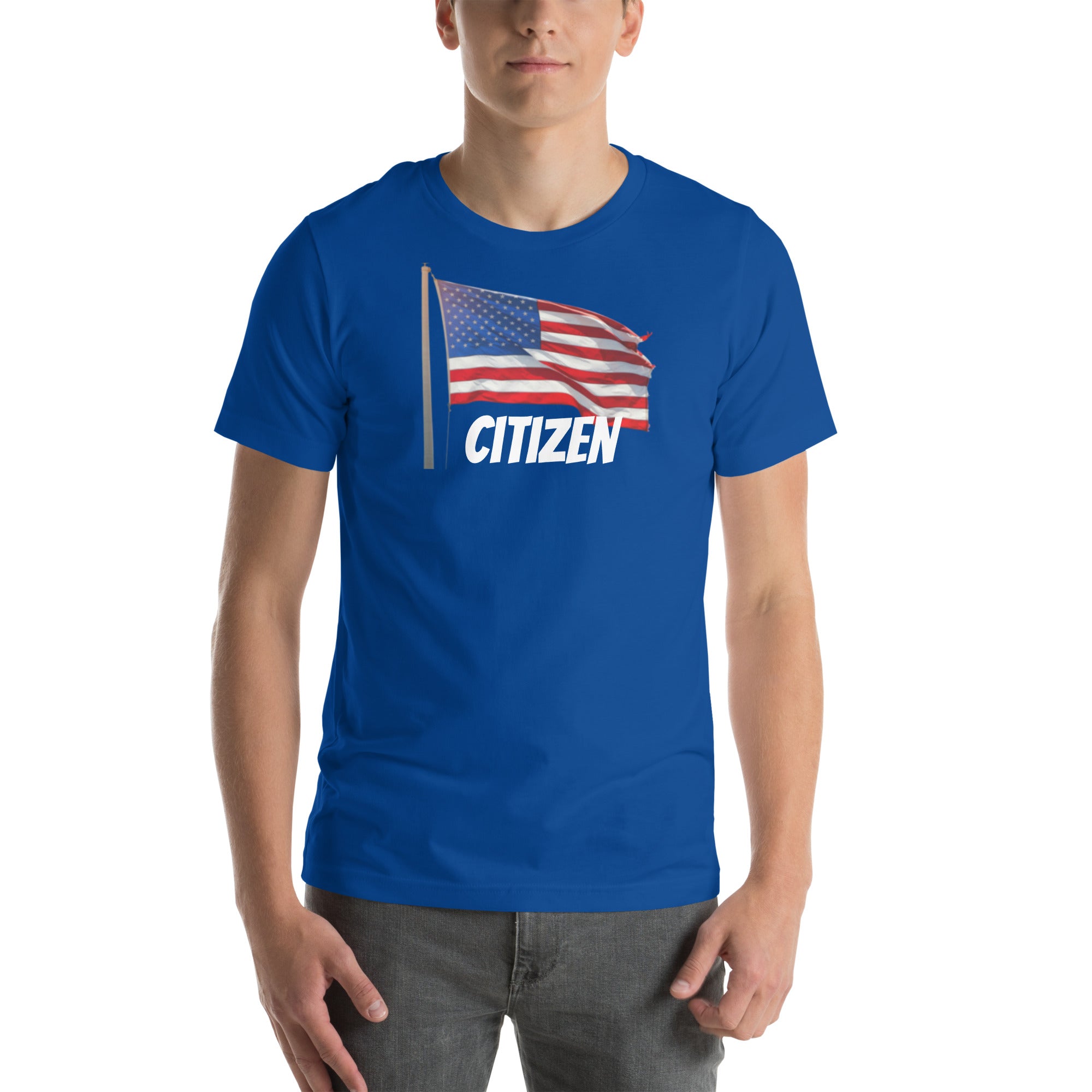 Blue USA flag t shirt unisex with waving American flag and citizen text printed on front
