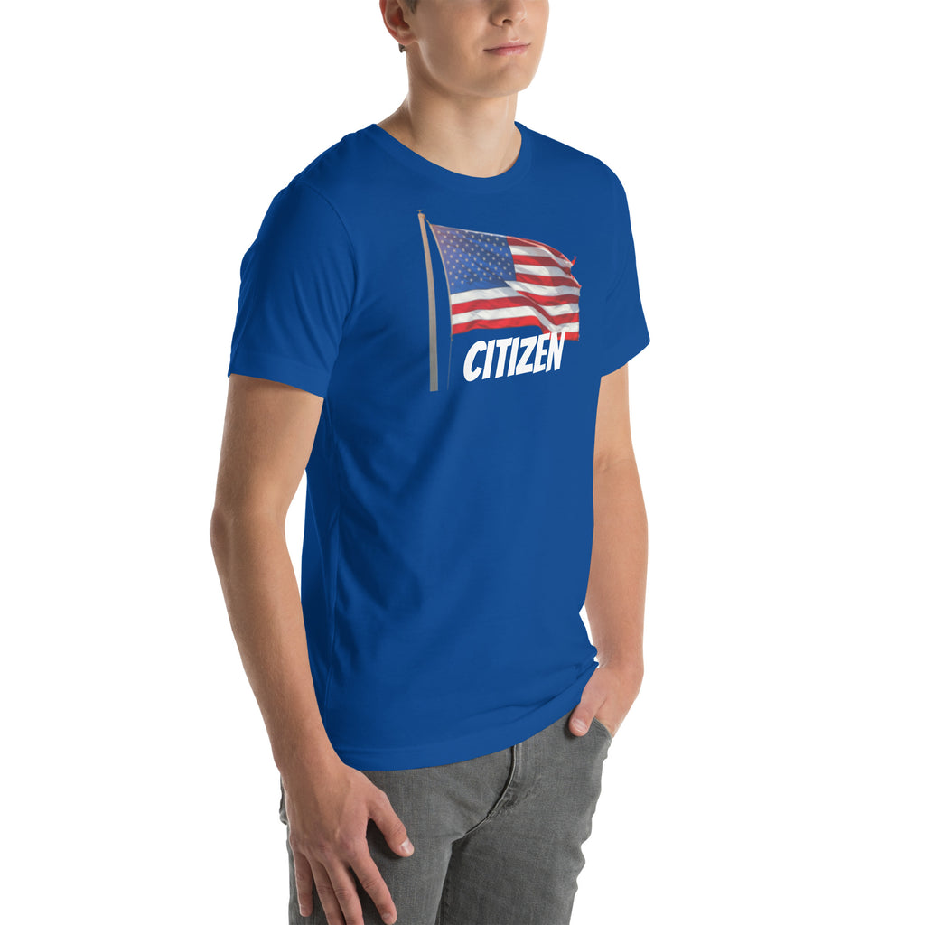 LuckeLadybug USA flag t shirt unisex in blue with American flag and citizen text design