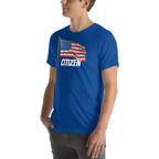LuckeLadybug USA flag t shirt unisex with American flag and citizen text on blue fabric