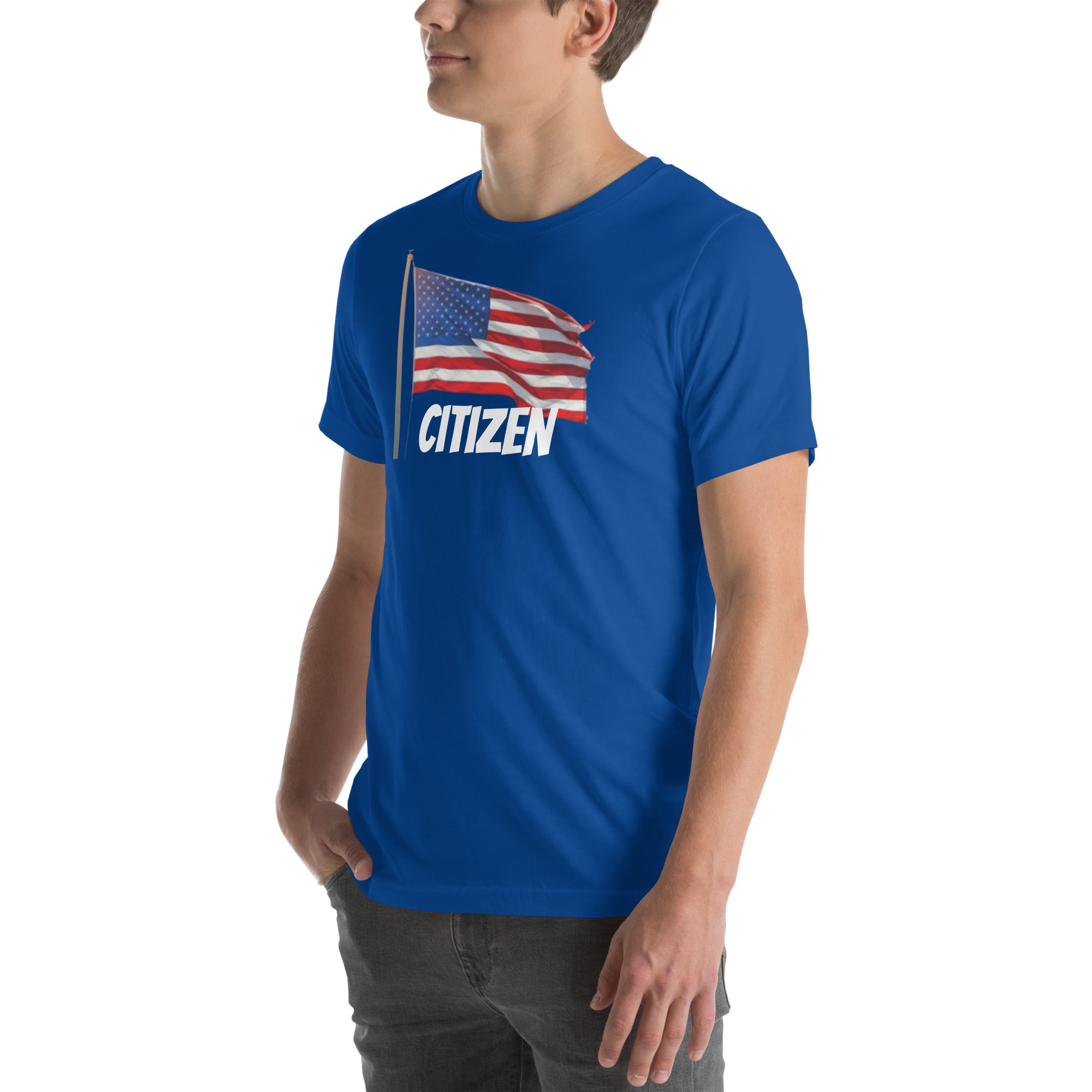 LuckeLadybug USA flag t shirt unisex with American flag and citizen text on blue fabric