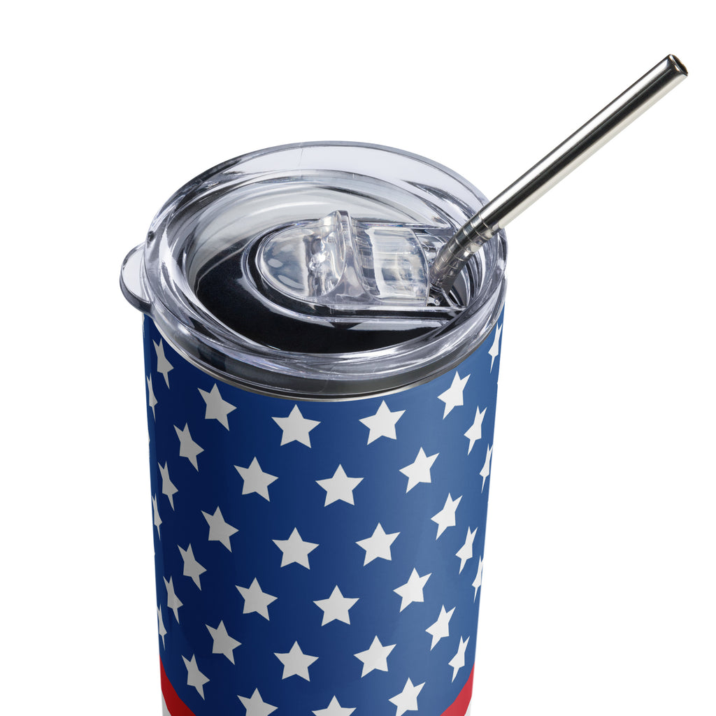 LuckeLadybug stainless steel USA flag tumbler with clear lid and metal straw featuring star design