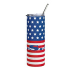 LuckeLadybug stainless steel USA flag tumbler with star and stripe design and clear lid with metal straw
