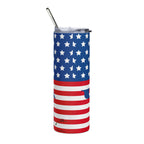 LuckeLadybug stainless steel USA flag tumbler with blue star design and red white stripes