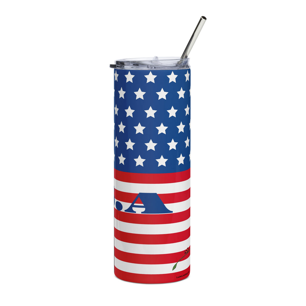 LuckeLadybug stainless steel USA flag tumbler with stars and stripes design and metal straw