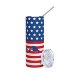 LuckeLadybug stainless steel USA flag tumbler with stars and stripes design and clear lid