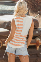 Beige USA Flag Notched Neckline Loose Sweater Vest