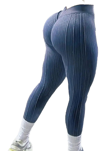 V back striped leggings for women in navy blue with ribbed texture and a stylish fit