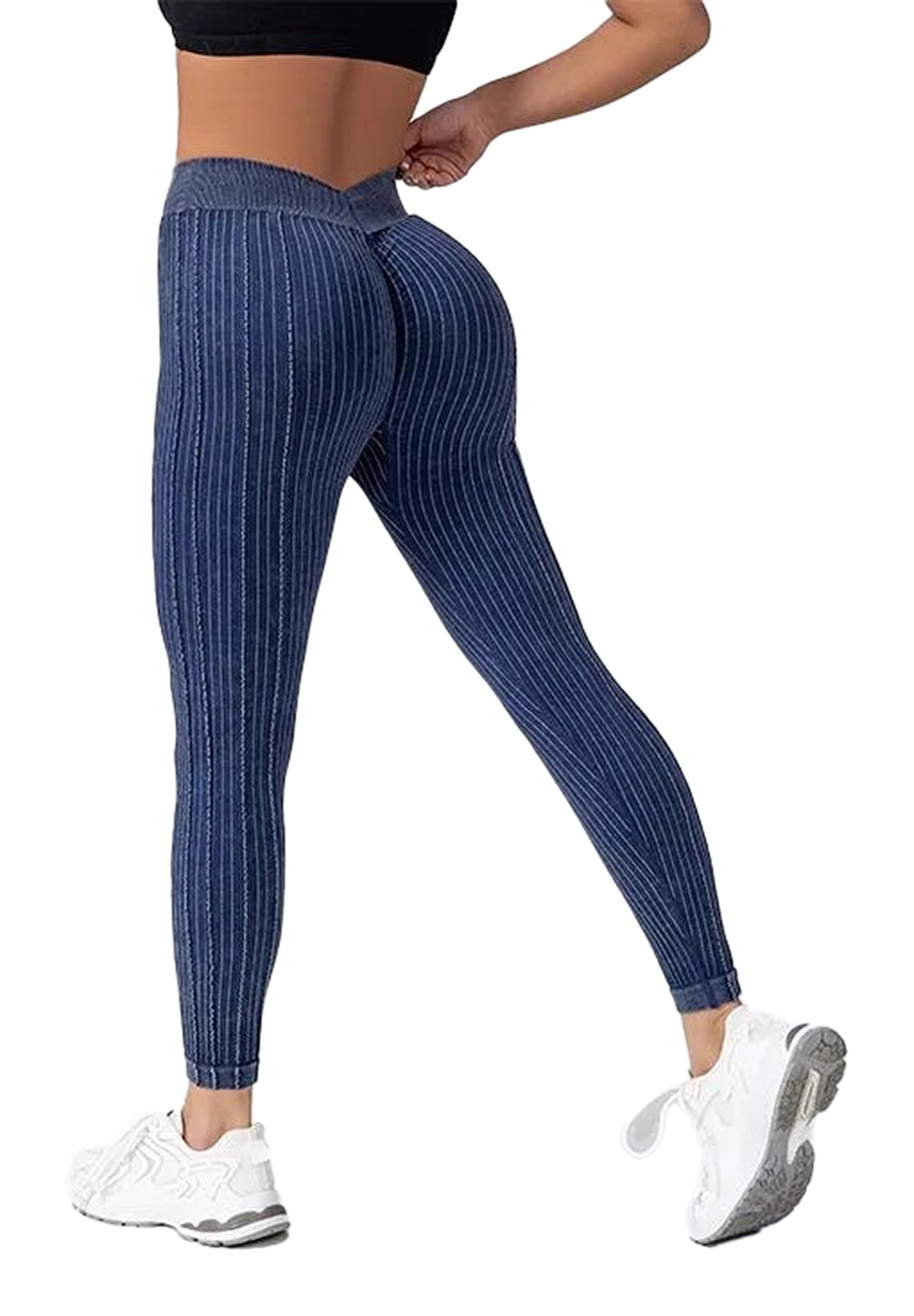 V back striped leggings for women in blue with a flattering fit perfect for workouts or casual wear