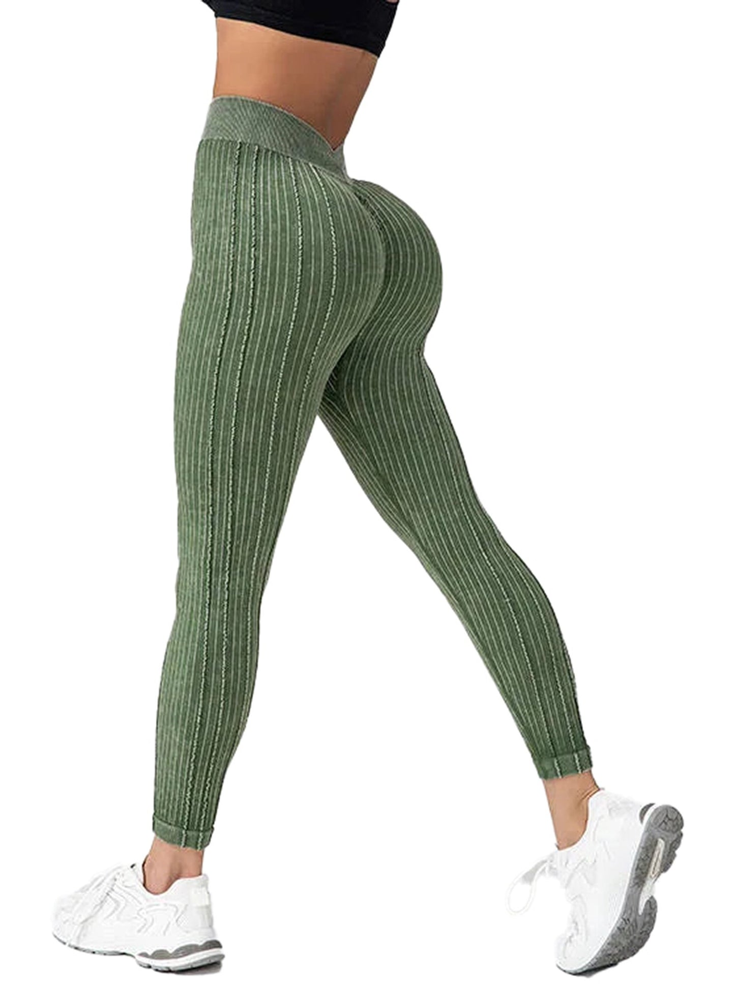 Green V back striped leggings for women with a high waistband for comfort and style