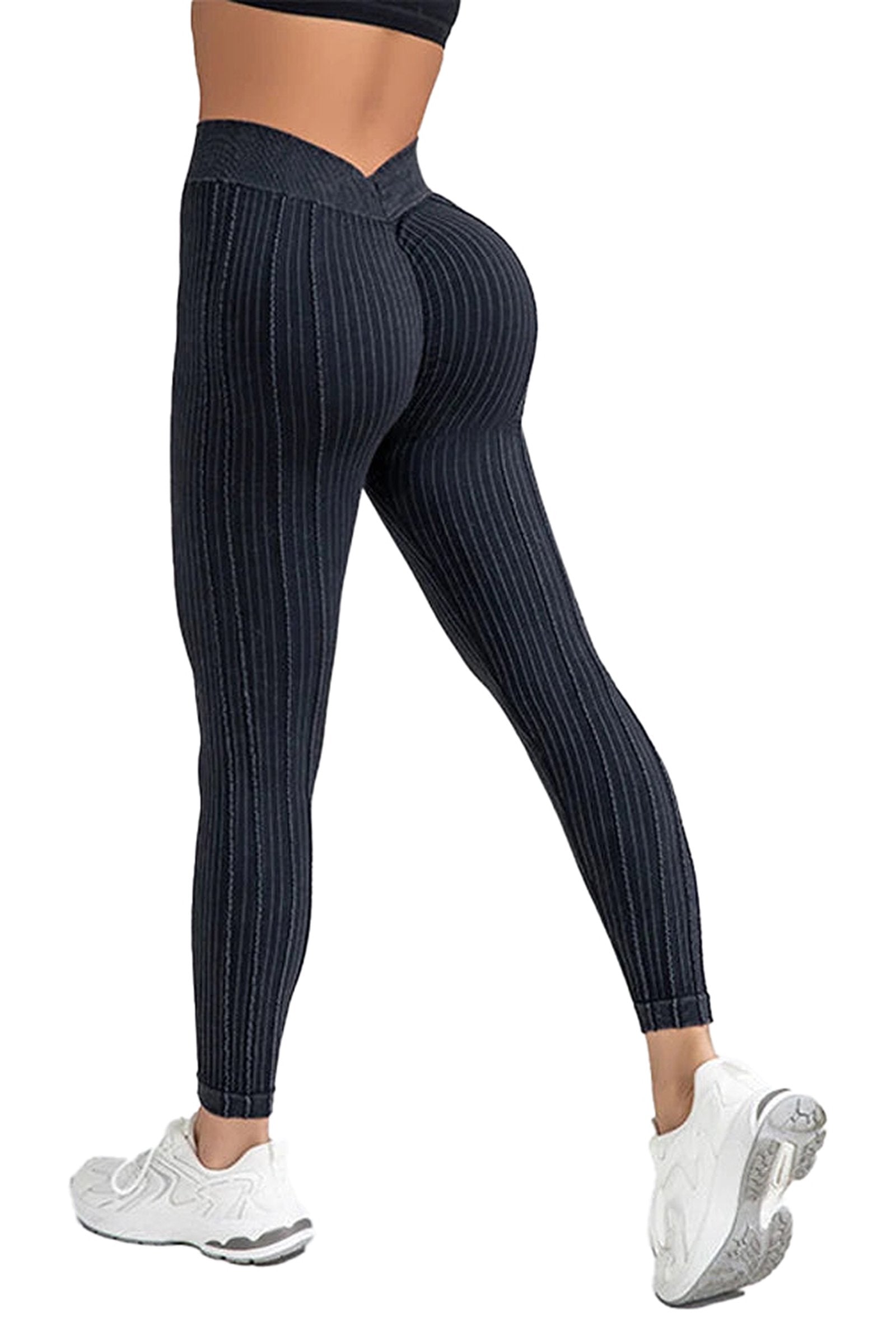 V back striped leggings for women in dark blue with a high waist design and stretchy fabric