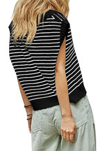 Beige Stripe Turn-down V Neck Sweater Tank Top