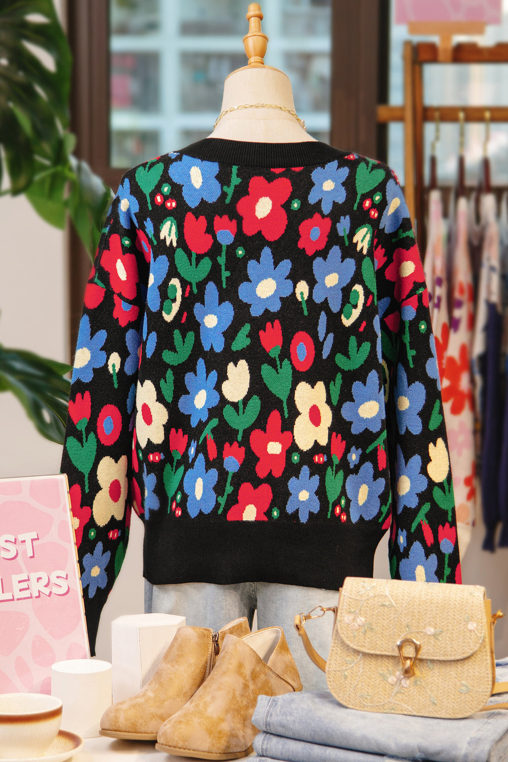 V-Neck Sweater with Colorful Floral Design